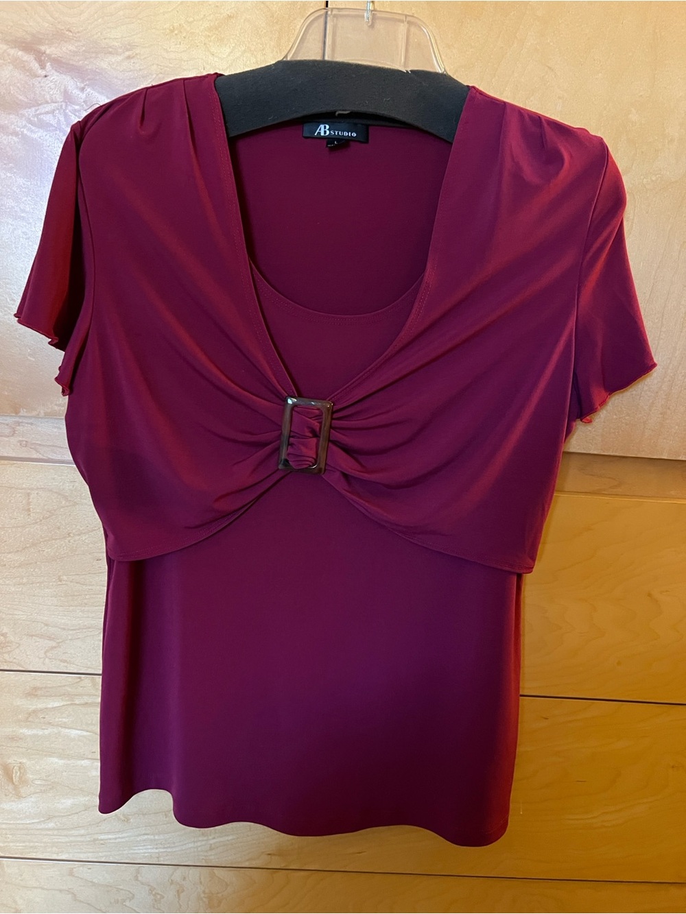 AB Studio Plum Layered Knit Top with Front Buckle